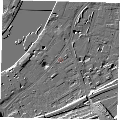 Shaded relief map of the ground around SW113QP, computed from Environment Agency LiDAR. The ground here sits at about 5 m above sea level and falls 54 m across the surrounding 800 m. Surface water reaching this point runs off ground lying to the north-east, 0.8 m higher.