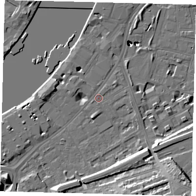 Shaded relief map of the ground around SW113QR, computed from Environment Agency LiDAR. The ground here sits at about 5 m above sea level and falls 54 m across the surrounding 800 m. Surface water reaching this point runs off ground lying to the east-north-east, 0.7 m higher.