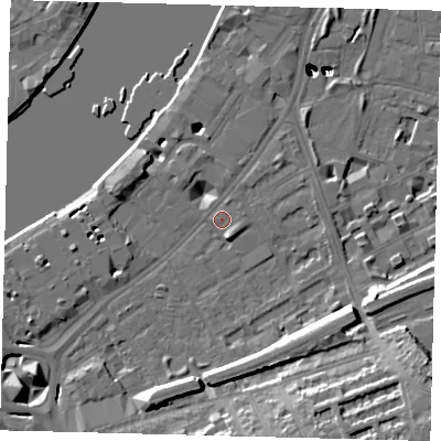 Shaded relief map of the ground around SW113QS, computed from Environment Agency LiDAR. The ground here sits at about 5 m above sea level and falls 55 m across the surrounding 800 m. Surface water reaching this point runs off ground lying to the south-east, 16.4 m higher.