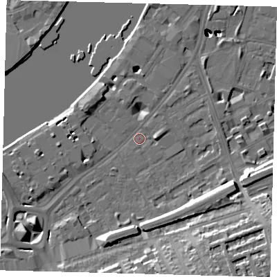 Shaded relief map of the ground around SW113QT, computed from Environment Agency LiDAR. The ground here sits at about 5 m above sea level and falls 55 m across the surrounding 800 m. Surface water reaching this point runs off ground lying to the south-east, 15.3 m higher.