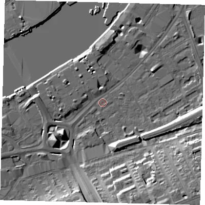 Shaded relief map of the ground around SW113QX, computed from Environment Agency LiDAR. The ground here sits at about 5 m above sea level and falls 20 m across the surrounding 800 m. Surface water reaching this point runs off ground lying to the south-east, 0.9 m higher.