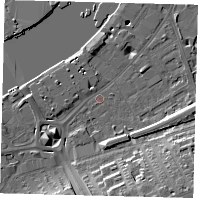 Shaded relief map of the ground around SW113QY, computed from Environment Agency LiDAR. The ground here sits at about 5 m above sea level and falls 20 m across the surrounding 800 m. Surface water reaching this point runs off ground lying to the east, 8.0 m higher.