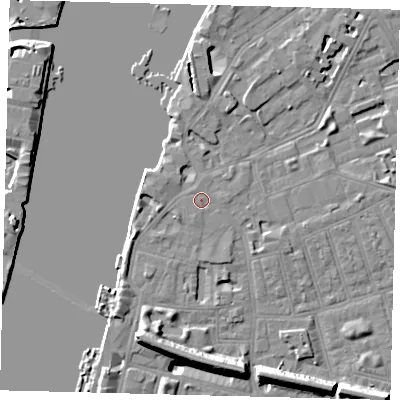 Shaded relief map of the ground around SW113RA, computed from Environment Agency LiDAR. The ground here sits at about 5 m above sea level and falls 11 m across the surrounding 800 m. Surface water reaching this point runs off ground lying to the south-south-west, 0.8 m higher.