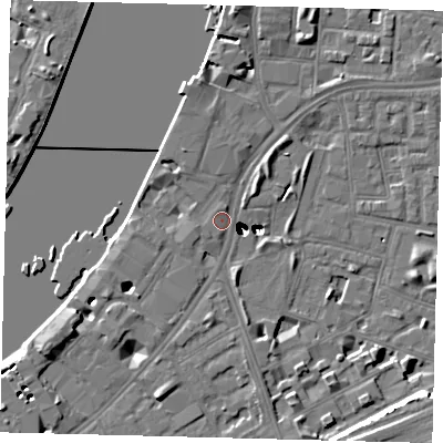 Shaded relief map of the ground around SW113RD, computed from Environment Agency LiDAR. The ground here sits at about 4 m above sea level and falls 47 m across the surrounding 800 m. Surface water reaching this point runs off ground lying to the west-south-west, 2.8 m higher.