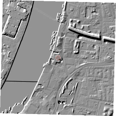 Shaded relief map of the ground around SW113RF, computed from Environment Agency LiDAR. The ground here sits at about 6 m above sea level and falls 47 m across the surrounding 800 m. Surface water reaching this point runs off ground lying to the west, 3.4 m higher.