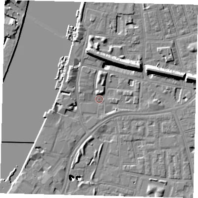 Shaded relief map of the ground around SW113RL, computed from Environment Agency LiDAR. The ground here sits at about 4 m above sea level and falls 47 m across the surrounding 800 m. Surface water reaching this point runs off ground lying to the north-west, 4.8 m higher.