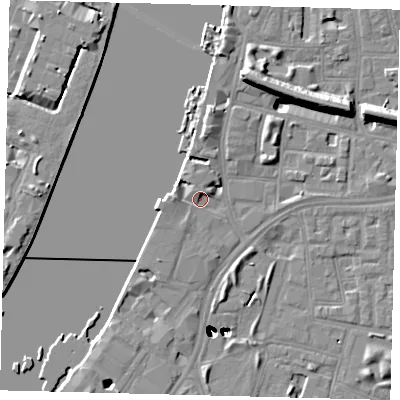 Shaded relief map of the ground around SW113RP, computed from Environment Agency LiDAR. The ground here sits at about 4 m above sea level and falls 47 m across the surrounding 800 m. Surface water reaching this point runs off ground lying to the north-north-west, 2.7 m higher.