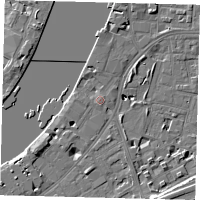 Shaded relief map of the ground around SW113RS, computed from Environment Agency LiDAR. The ground here sits at about 5 m above sea level and falls 47 m across the surrounding 800 m. Surface water reaching this point runs off ground lying to the west-south-west, 1.3 m higher.