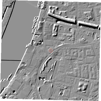 Shaded relief map of the ground around SW113RX, computed from Environment Agency LiDAR. The ground here sits at about 4 m above sea level and falls 47 m across the surrounding 800 m. Surface water reaching this point runs off ground lying to the east-north-east, 0.7 m higher.