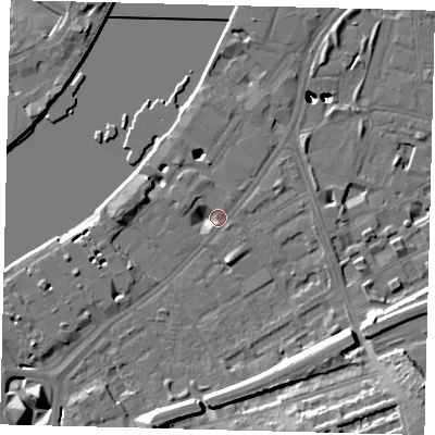 Shaded relief map of the ground around SW113SA, computed from Environment Agency LiDAR. The ground here sits at about 5 m above sea level and falls 53 m across the surrounding 800 m. Surface water reaching this point runs off ground lying to the south-east, 16.4 m higher.