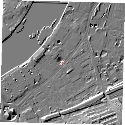 Shaded relief map of the ground around SW113SD, computed from Environment Agency LiDAR. The ground here sits at about 4 m above sea level and falls 53 m across the surrounding 800 m. Surface water reaching this point runs off ground lying to the south-east, 15.9 m higher.