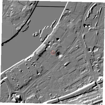 Shaded relief map of the ground around SW113SE, computed from Environment Agency LiDAR. The ground here sits at about 5 m above sea level and falls 52 m across the surrounding 800 m. Surface water reaching this point runs off ground lying to the west-north-west, 6.0 m higher.