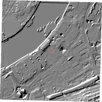 Shaded relief map of the ground around SW113SF, computed from Environment Agency LiDAR. The ground here sits at about 5 m above sea level and falls 53 m across the surrounding 800 m. Surface water reaching this point runs off ground lying to the north-north-west, 6.0 m higher.