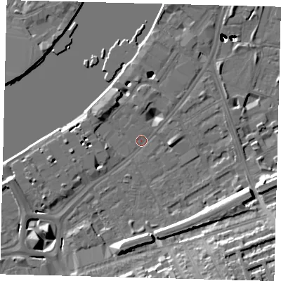 Shaded relief map of the ground around SW113SJ, computed from Environment Agency LiDAR. The ground here sits at about 4 m above sea level and falls 54 m across the surrounding 800 m. Surface water reaching this point runs off ground lying to the east-south-east, 13.6 m higher.