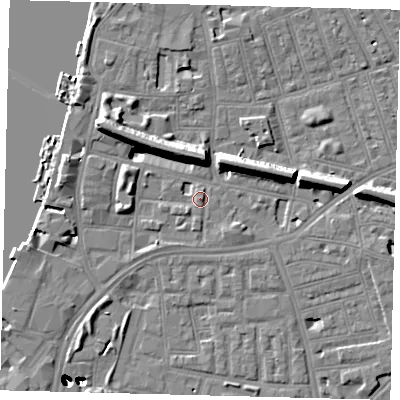 Shaded relief map of the ground around SW113SP, computed from Environment Agency LiDAR. The ground here sits at about 4 m above sea level and falls 47 m across the surrounding 800 m. Surface water reaching this point runs off ground lying to the east, 1.1 m higher.