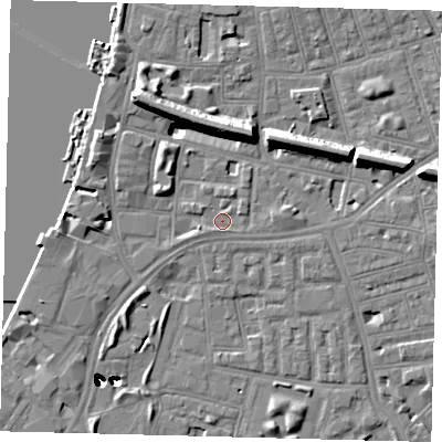 Shaded relief map of the ground around SW113SR, computed from Environment Agency LiDAR. The ground here sits at about 4 m above sea level and falls 47 m across the surrounding 800 m. Surface water reaching this point runs off ground lying to the north-north-east, 1.6 m higher.
