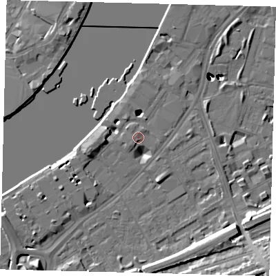 Shaded relief map of the ground around SW113SX, computed from Environment Agency LiDAR. The ground here sits at about 6 m above sea level and falls 52 m across the surrounding 800 m. Surface water reaching this point runs off ground lying to the west, 6.0 m higher.