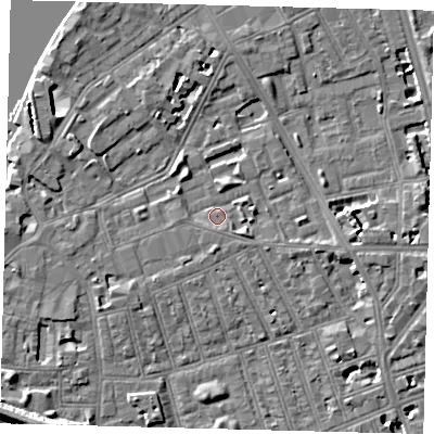 Shaded relief map of the ground around SW113TB, computed from Environment Agency LiDAR. The ground here sits at about 4 m above sea level and falls 10 m across the surrounding 800 m. Surface water reaching this point runs off ground lying to the east-south-east, 2.0 m higher.