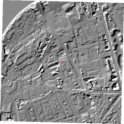 Shaded relief map of the ground around SW113TG, computed from Environment Agency LiDAR. The ground here sits at about 4 m above sea level and falls 9 m across the surrounding 800 m. Surface water reaching this point runs off ground lying to the south-east, 6.7 m higher.