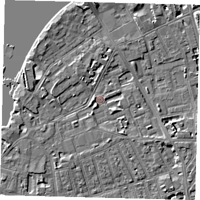 Shaded relief map of the ground around SW113TJ, computed from Environment Agency LiDAR. The ground here sits at about 4 m above sea level and falls 6 m across the surrounding 800 m. Surface water reaching this point runs off ground lying to the west, 3.7 m higher.