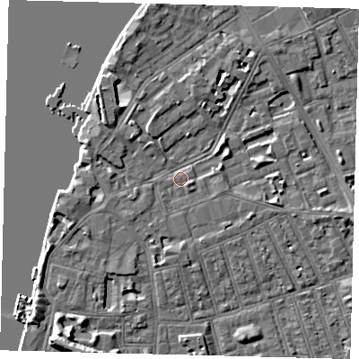 Shaded relief map of the ground around SW113TL, computed from Environment Agency LiDAR. The ground here sits at about 4 m above sea level and falls 10 m across the surrounding 800 m. Surface water reaching this point runs off ground lying to the west-north-west, 2.9 m higher.