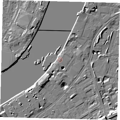 Shaded relief map of the ground around SW113TN, computed from Environment Agency LiDAR. The ground here sits at about 5 m above sea level and falls 48 m across the surrounding 800 m. Surface water reaching this point runs off ground lying to the south-south-west, 4.3 m higher.