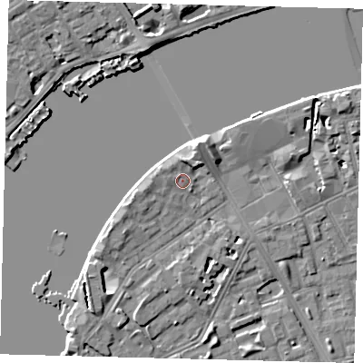 Shaded relief map of the ground around SW113TP, computed from Environment Agency LiDAR. The ground here sits at about 5 m above sea level and falls 7 m across the surrounding 800 m. Surface water reaching this point runs off ground lying to the west, 1.0 m higher.
