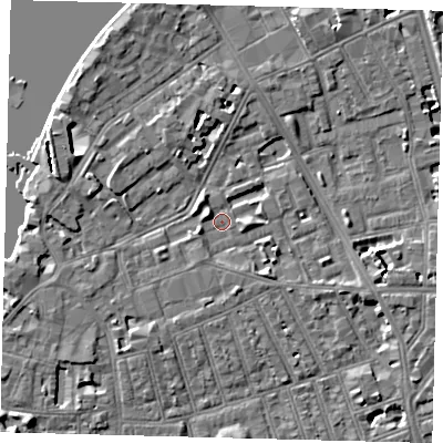 Shaded relief map of the ground around SW113TQ, computed from Environment Agency LiDAR. The ground here sits at about 3 m above sea level and falls 6 m across the surrounding 800 m. Surface water reaching this point runs off ground lying to the west-north-west, 2.7 m higher.