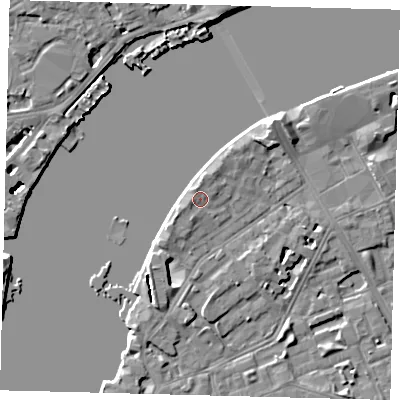 Shaded relief map of the ground around SW113TR, computed from Environment Agency LiDAR. The ground here sits at about 5 m above sea level and falls 44 m across the surrounding 800 m. Surface water reaching this point runs off ground lying to the north, 1.3 m higher.