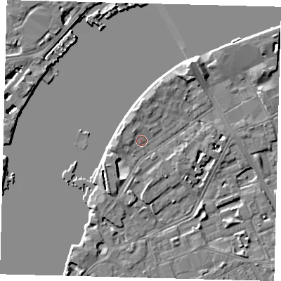 Shaded relief map of the ground around SW113TS, computed from Environment Agency LiDAR. The ground here sits at about 5 m above sea level and falls 44 m across the surrounding 800 m. Surface water reaching this point runs off ground lying to the north-west, 1.8 m higher.