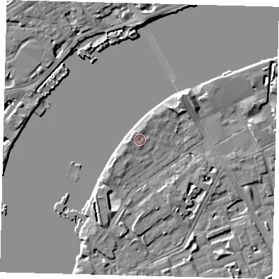 Shaded relief map of the ground around SW113TT, computed from Environment Agency LiDAR. The ground here sits at about 5 m above sea level and falls 7 m across the surrounding 800 m. Surface water reaching this point runs off ground lying to the west-north-west, 1.4 m higher.