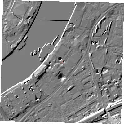 Shaded relief map of the ground around SW113TU, computed from Environment Agency LiDAR. The ground here sits at about 5 m above sea level and falls 51 m across the surrounding 800 m. Surface water reaching this point runs off ground lying to the west, 1.2 m higher.