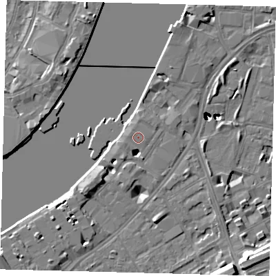 Shaded relief map of the ground around SW113TW, computed from Environment Agency LiDAR. The ground here sits at about 5 m above sea level and falls 48 m across the surrounding 800 m. Surface water reaching this point runs off ground lying to the south-west, 4.3 m higher.