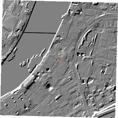 Shaded relief map of the ground around SW113TX, computed from Environment Agency LiDAR. The ground here sits at about 5 m above sea level and falls 48 m across the surrounding 800 m. Surface water reaching this point runs off ground lying to the south-west, 1.3 m higher.