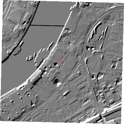 Shaded relief map of the ground around SW113TY, computed from Environment Agency LiDAR. The ground here sits at about 5 m above sea level and falls 50 m across the surrounding 800 m. Surface water reaching this point runs off ground lying to the west-south-west, 1.3 m higher.