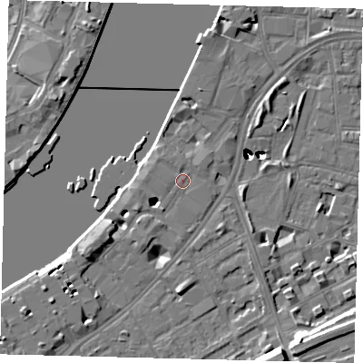 Shaded relief map of the ground around SW113TZ, computed from Environment Agency LiDAR. The ground here sits at about 5 m above sea level and falls 48 m across the surrounding 800 m. Surface water reaching this point runs off ground lying to the west-south-west, 1.3 m higher.