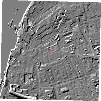 Shaded relief map of the ground around SW113UA, computed from Environment Agency LiDAR. The ground here sits at about 4 m above sea level and falls 11 m across the surrounding 800 m. The ground contributing surface water to this point lies to the east.