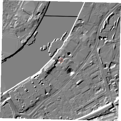 Shaded relief map of the ground around SW113UE, computed from Environment Agency LiDAR. The ground here sits at about 5 m above sea level and falls 50 m across the surrounding 800 m. Surface water reaching this point runs off ground lying to the south-west, 4.8 m higher.