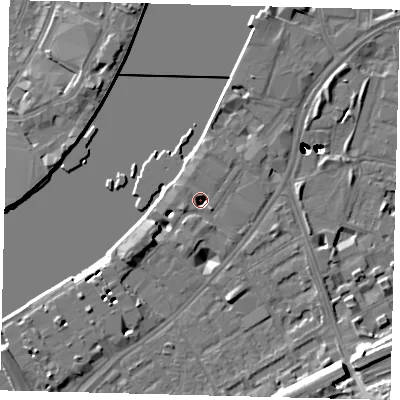 Shaded relief map of the ground around SW113UF, computed from Environment Agency LiDAR. The ground here sits at about 3 m above sea level and falls 50 m across the surrounding 800 m. Surface water reaching this point runs off ground lying to the west-south-west, 1.2 m higher.