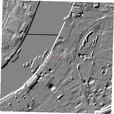 Shaded relief map of the ground around SW113UG, computed from Environment Agency LiDAR. The ground here sits at about 5 m above sea level and falls 48 m across the surrounding 800 m. Surface water reaching this point runs off ground lying to the east-north-east, 2.0 m higher.