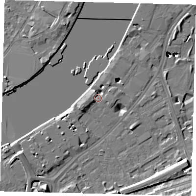 Shaded relief map of the ground around SW113UJ, computed from Environment Agency LiDAR. The ground here sits at about 5 m above sea level and falls 51 m across the surrounding 800 m. Surface water reaching this point runs off ground lying to the west-south-west, 4.8 m higher.