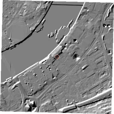 Shaded relief map of the ground around SW113UL, computed from Environment Agency LiDAR. The ground here sits at about 6 m above sea level and falls 53 m across the surrounding 800 m. Surface water reaching this point runs off ground lying to the west-north-west, 6.0 m higher.