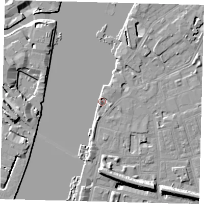 Shaded relief map of the ground around SW113UN, computed from Environment Agency LiDAR. The ground here sits at about 5 m above sea level and falls 11 m across the surrounding 800 m. Surface water reaching this point runs off ground lying to the south-south-west, 3.9 m higher.