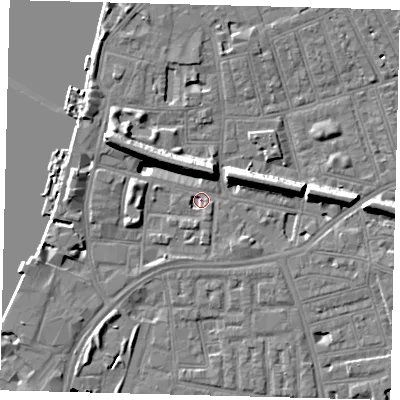 Shaded relief map of the ground around SW113UW, computed from Environment Agency LiDAR. The ground here sits at about 3 m above sea level and falls 45 m across the surrounding 800 m. Surface water reaching this point runs off ground lying to the north-west, 11.4 m higher.