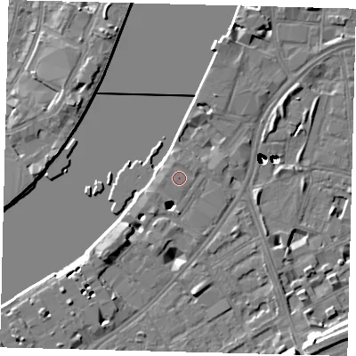 Shaded relief map of the ground around SW113UX, computed from Environment Agency LiDAR. The ground here sits at about 5 m above sea level and falls 48 m across the surrounding 800 m. Surface water reaching this point runs off ground lying to the north-east, 0.8 m higher.