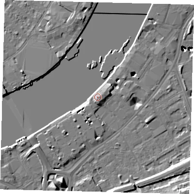 Shaded relief map of the ground around SW113UZ, computed from Environment Agency LiDAR. The ground here sits at about 7 m above sea level and falls 51 m across the surrounding 800 m. Surface water reaching this point runs off ground lying to the north-east, 5.0 m higher.
