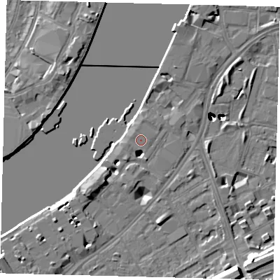 Shaded relief map of the ground around SW113YH, computed from Environment Agency LiDAR. The ground here sits at about 5 m above sea level and falls 48 m across the surrounding 800 m. Surface water reaching this point runs off ground lying to the south-west, 4.3 m higher.
