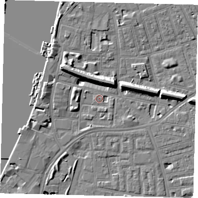 Shaded relief map of the ground around SW113YQ, computed from Environment Agency LiDAR. The ground here sits at about 4 m above sea level and falls 47 m across the surrounding 800 m. Surface water reaching this point runs off ground lying to the west, 4.8 m higher.