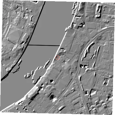 Shaded relief map of the ground around SW113YR, computed from Environment Agency LiDAR. The ground here sits at about 4 m above sea level and falls 43 m across the surrounding 800 m. Surface water reaching this point runs off ground lying to the south-south-west, 2.5 m higher.