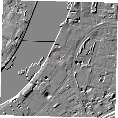 Shaded relief map of the ground around SW113YW, computed from Environment Agency LiDAR. The ground here sits at about 4 m above sea level and falls 47 m across the surrounding 800 m. Surface water reaching this point runs off ground lying to the west-south-west, 2.5 m higher.